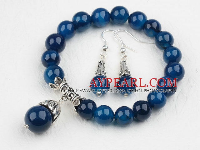 Classic Design Round Blue Agate Beaded Bracelet with Matched Earrings