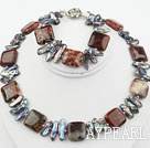 Biwa Pearl and Red Jasper Set ( Necklace and Matched Bracelet )