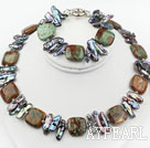 Biwa Pearl and Green Opal Set ( Necklace and Matched Bracelet )