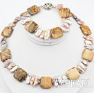 Biwa Pearl and Picture Jasper Set ( Necklace and Matched Bracelet )