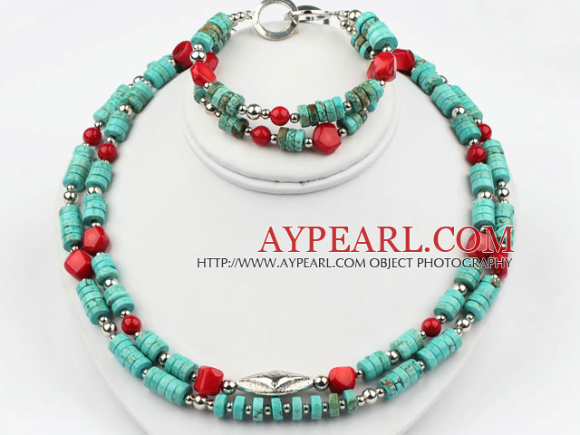 Two Strands Turquoise and Red Coral Set ( Necklace and Matched Bracelet )