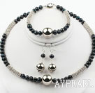 New Design Black Freshwater Pearl and Metal Set ( Necklace Bracele and Matched Earrings )