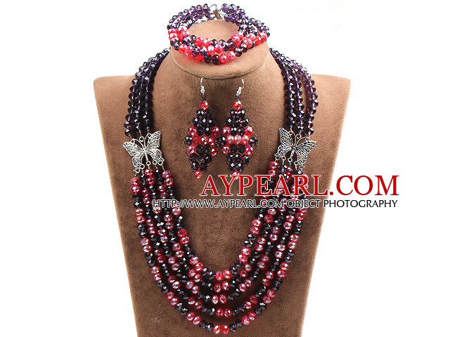 Glamorous 5 Layers Purple Red Crystal Beads African Wedding Jewelry Set With Butterfly Accessory (Necklace With Mathced Bracelet And Earrings)