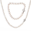 Fancy Elegant Style 6-7mm Single Strand White Freshwater Pearl Jewelry Set with Cross Charm (Necklace with Matched Bracelet)