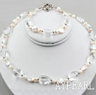 Coin Pearl and Clear Crystal Set ( Necklace and Matched Bracelet )