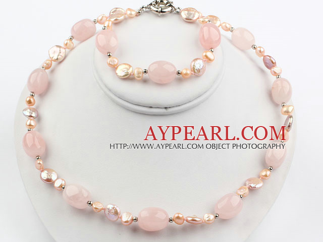 Coin Pearl and Rose Quartz Set ( Necklace and Matched Bracelet )