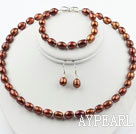 9-10mm Brown Rise Shape Freshwater Pearl Set ( Beaded Necklace Bracelet and Matched Earrings )