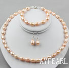 9-10mm Natural Pink Long Style Rice Freshwater Pearl Set ( Beaded Necklace Bracelet and Matched Earrings )