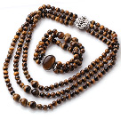 Wholesale Newly Cool Style Three Strands Round Tiger Eye Beaded Jewelry Set (Necklace with Matched Bracelet)