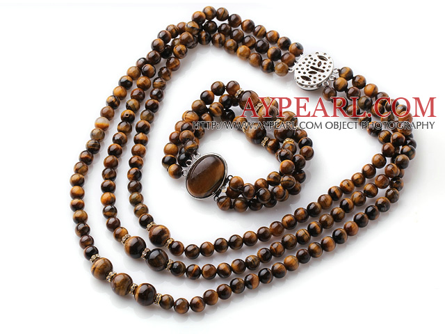 Newly Cool Style Three Strands Round Tiger Eye Beaded Jewelry Set (Necklace with Matched Bracelet)