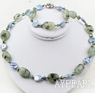 Wholesale Blue Coin Pearl and Green Rutilated Quartz Set ( Necklace and Matched Bracelet )