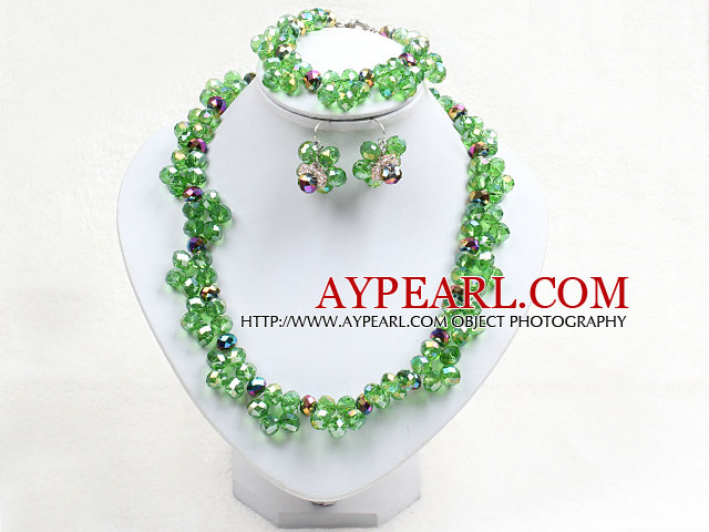 Fancy Style Green Series Crystal Flower Jewelry Set (Necklace With Mathced Bracelet And Earrings)