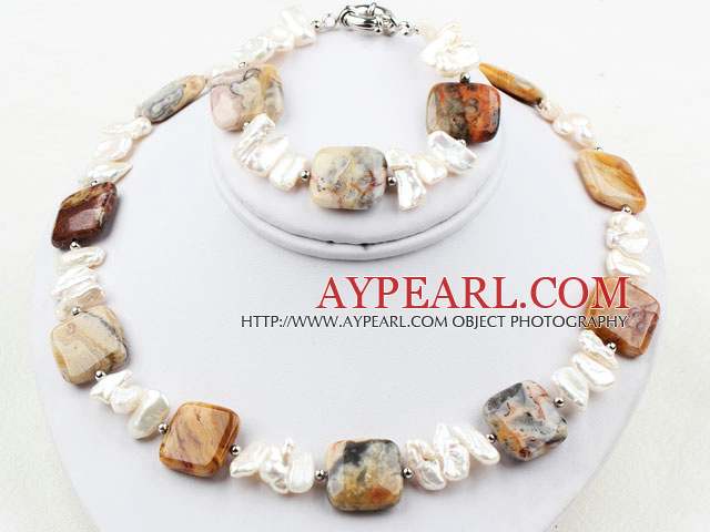 White Big Biwa Pearl and Agate Set ( Necklace and Matched Bracelet )