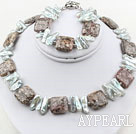 Wholesale Gray Big Biwa Pearl and Shell Fossil Stone Set ( Necklace and Matched Bracelet )