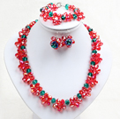 Fancy Style Red Green Crystal Flower Jewelry Set (Necklace With Mathced Bracelet And Earrings)