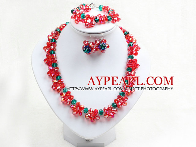 Fancy Style Red Green Crystal Flower Jewelry Set (Necklace With Mathced Bracelet And Earrings)