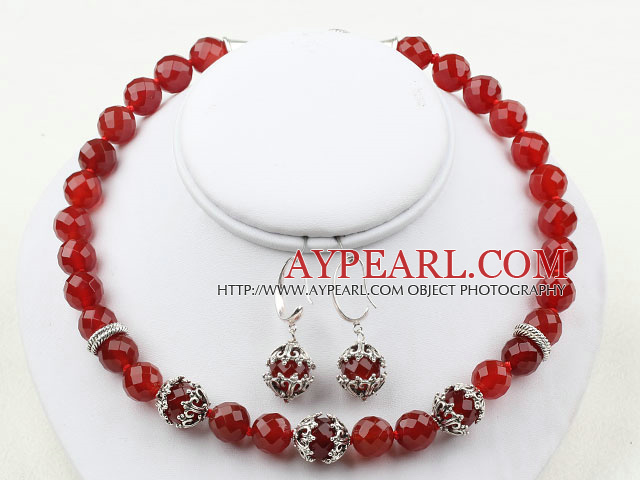 Classic Design Faceted Red Carnelian Set ( Necklace and Matched Earrings )