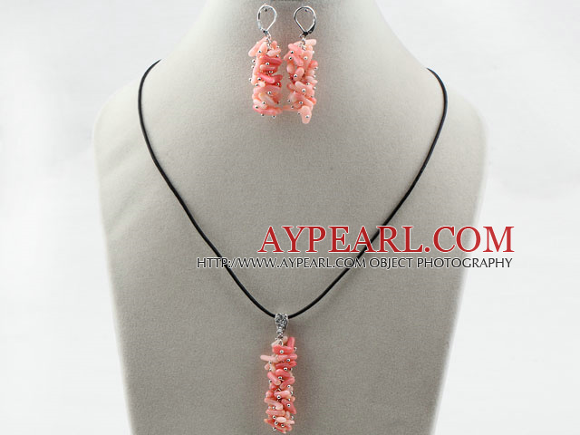 Simple Style Branch Shape Pink Devil Coral Set ( Pendant Necklace and Matched Earrings )