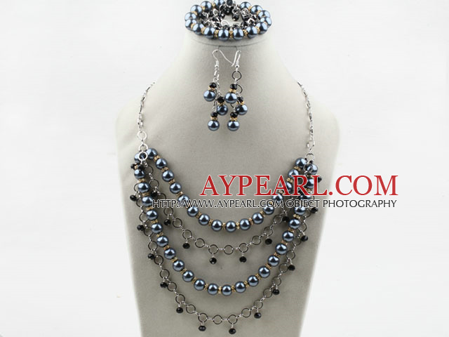 Black Shell Beads and Crystal Set ( Necklace Bracelet and Matched Earrings )