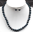 8-9mm Black Blue Color Pearl Necklace and Matched Studs Earrings Sets