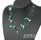 Lovely 3-Strand Dyed Green Freshwater Pearl And Shell String Necklace 
