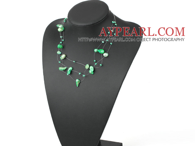 Lovely 3-Strand Dyed Green Freshwater Pearl And Shell String Necklace 