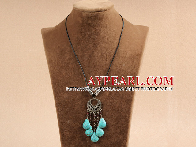 Simple Vintage Style Chandelier Shape Garnet Tear Drop Turquoise Tassel Pendant Necklace With Black Leather