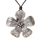 New Arrival Simple Style Tibet Silver Flower Pendant Necklace with Dark Brown Leather