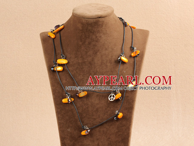 Fashion Long Style Orange Series Natural Pearl Stone Chips Necklace With Black Leather (Sweater Chain)