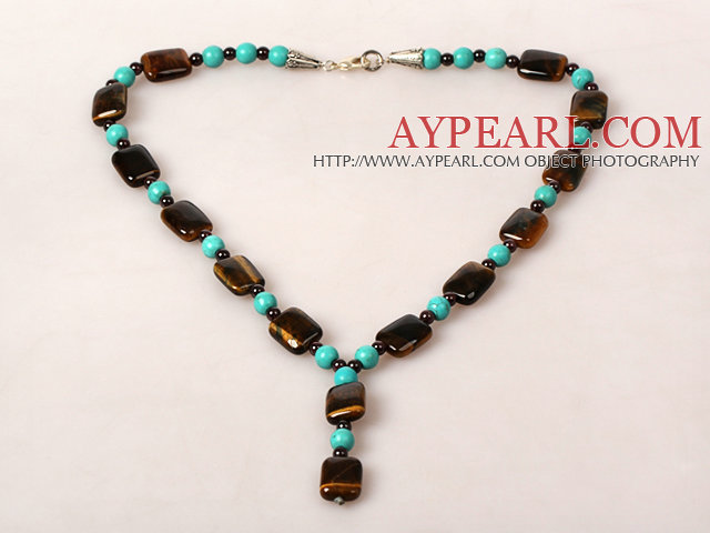 Tiger Eye and Turquoise and Garnet Y Shape Necklace