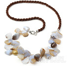 Long Style Irregular Shape Chalcedony Crystallized Agate Necklace with Brown Cord( The stone may not complete)