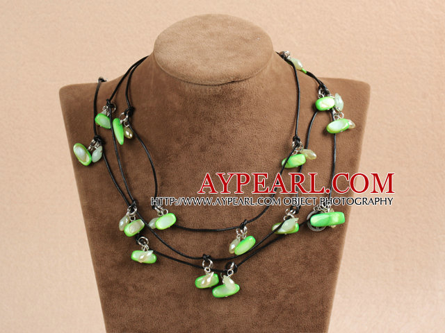Fashion Long Style Green Series Crystal Shell Necklace With Black Leather (Sweater Chain)