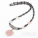 Wholesale Popular Black Pearl Round Garnet And  Heart Shape Rose Quartz With Tube Charm Pendant Necklace 