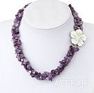 Nice Purple Series Freshwater Pearl And Fillet Amethyst Chips Necklace With Shell Flower Clasp