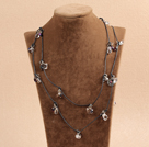 Wholesale Fashion Long Style Clear & Black Crystal Necklace With Black Leather (Sweater Chain)