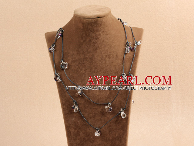 Fashion Long Style Clear & Black Crystal Necklace With Black Leather (Sweater Chain)