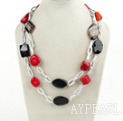 Wholesale Wonderful Long Style Red Coral And Black Agate Loop Chain Necklace, Sweater Necklace