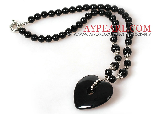 Black Agate Necklace with Heart Shape Agate Pendant