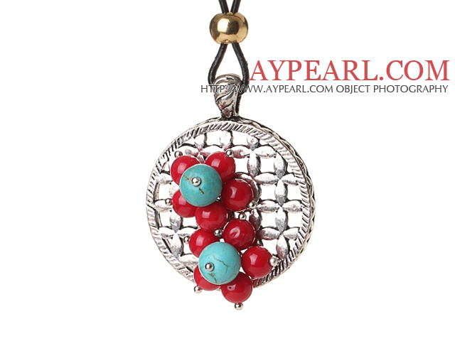 Newly Fashion Style Red Coral and Turquoise Flower Pendant Necklace with Black Leather