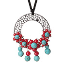 Wholesale Newly Fashion Drop Long Style Red Coral and Turquoise Flower Pendant Necklace with Soft Leather