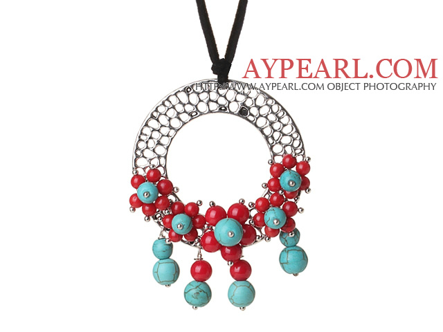 Newly Fashion Drop Long Style Red Coral and Turquoise Flower Pendant Necklace with Soft Leather