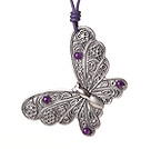Delicate Beautiful Tibet Silver Butterfly Pendant Necklace with Purple Jade and Leather