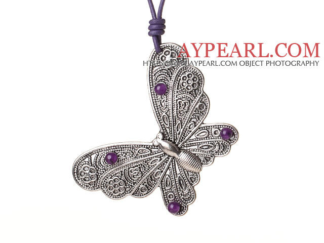 Delicate Beautiful Tibet Silver Butterfly Pendant Necklace with Purple Jade and Leather