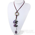 Nice Oval Purple Persian Agate And Black Freshwater Pearl Pendant Threaded Necklace With Metal Ring Charm