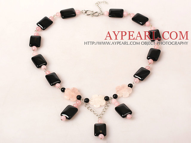 Rectangle Shape Black Agate and Rose Quartz Necklace