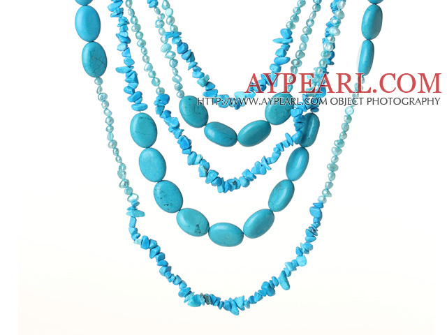 Fashion 5-Strand Green Series Pearl And Oval Shape Turquoise Chips Stone Necklace