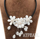 White Pearl Shell Flower Necklace with Black Cord