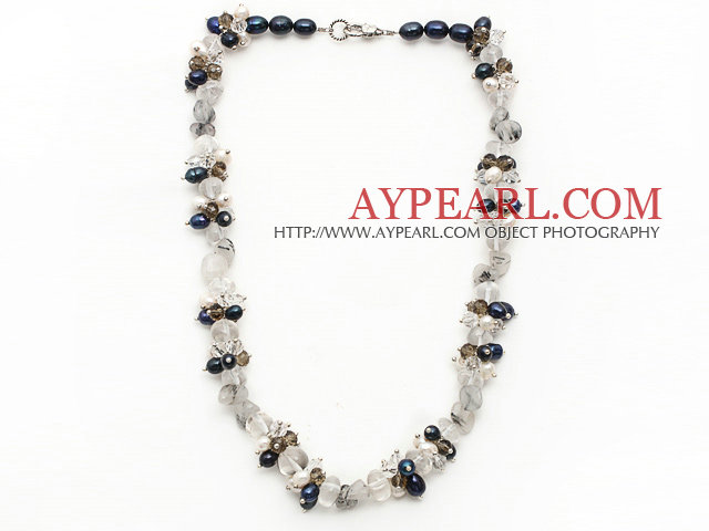Elegant Multi Freshwater Pearl And Black Rutilated Quartz Strand Necklace
