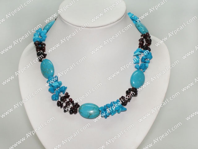 Elegant Chipped Oval Blue Turquoise And Garnet Strand Necklace With Inserted Closure
