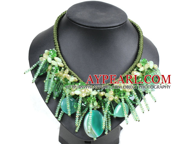 Fantastic Sparkly Green Series Crystal Agate Aventurine Beads Hand-Knitted Party Necklace